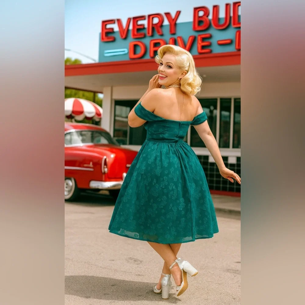 Unique Vintage 1950s Teal Green Jacquard Off Shoulder Flare Dress, Size  XL, NWT - Picture 13 of 15